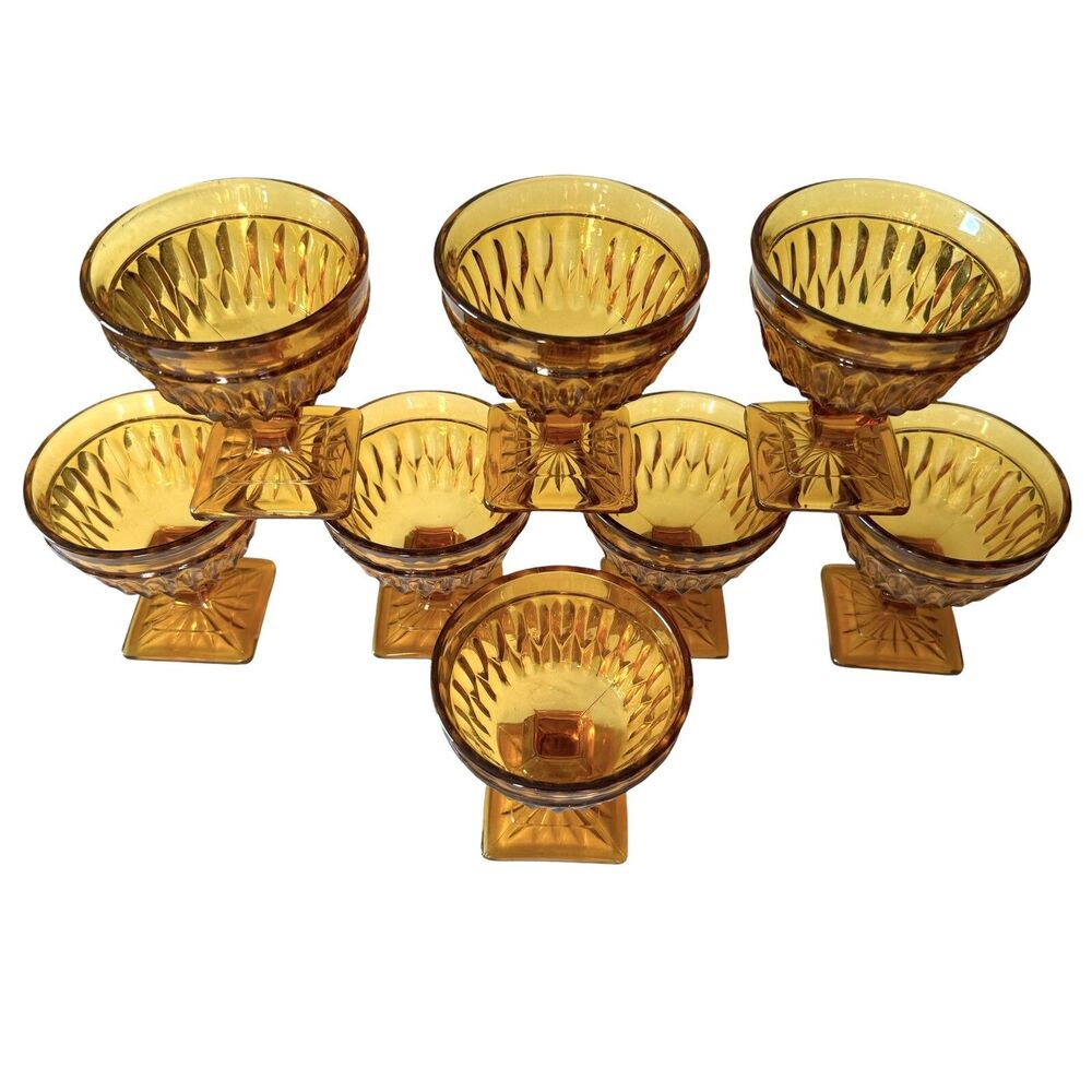 Indiana Glass Set of 8 Desert Goblet Mount Vernon Diamond Point Amber Vtg 1968